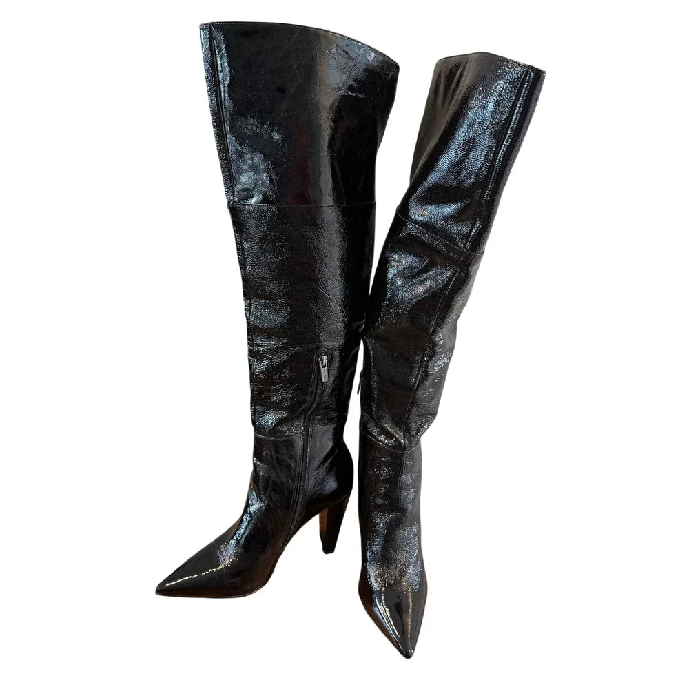 Vince Camuto Minnata Black Crinkled Patent Leather Over The Knee Boots Size 8